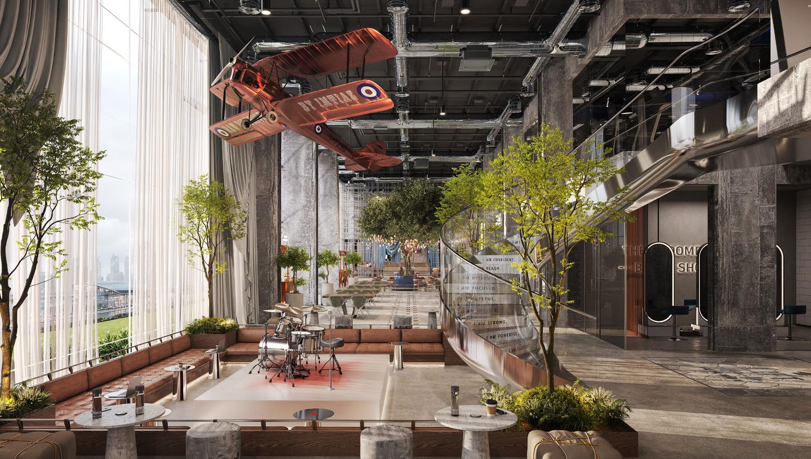 Raw District by Imtiaz lobby with industrial-chic design and panoramic Sheikh Zayed Road skyline